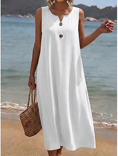  Mulheres Vestido midi Vestido casual Vestido Colete Vestido de verão Básico Clássico Diário Férias Normal Tecido Sem Manga Decote V Azul Preto Branco Verde Claro Verão Primavera