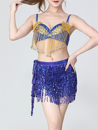  dames glitter koningsblauw &Gouden buikdanskostuumset - met pailletten versierde bh-top en rok met franjes en kwastjes - outfit voor een Latijns-Amerikaanse samba-rave.
