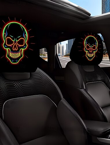  2/4 Stück neonfluoreszierende Totenkopf-Kopfstützenbezüge fürs Auto, cooler, trendiger Neon-Totenkopf-Print, individuelle Autoinnenausstattung, universelle Passform, geeignet für den täglichen