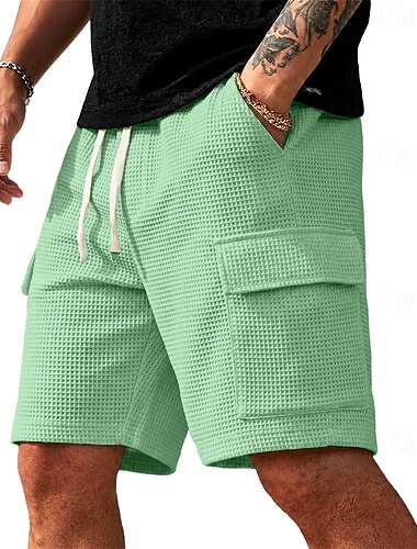  Herr Våffelshorts Shorts Casual shorts Texturerade shorts Ficka Elastisk midja Slät Strukturerad Komfort Andningsfunktion Knelängd Ledigt Utomhus Strand Semester Mode Vit Kaki Microelastisk