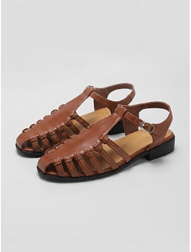  Bruine visserssandalen voor dames met verstelbaar enkelbandje - gladiatorsandalen met gesloten neus voor casual zomerkleding en reizen.