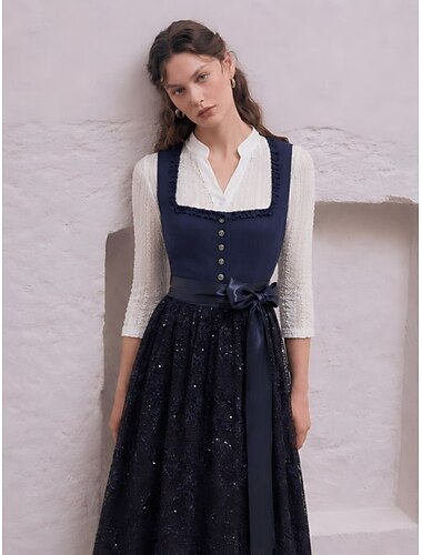  Oktoberfest Vestido Dirndl Comprimento Midi Paetês Bordado Com bolsos Decote Balconette Empregada Bávaro Alemão Alpino prados Mulheres Carnaval Festival da Cerveja Pano de Estilo Tradicional Sem