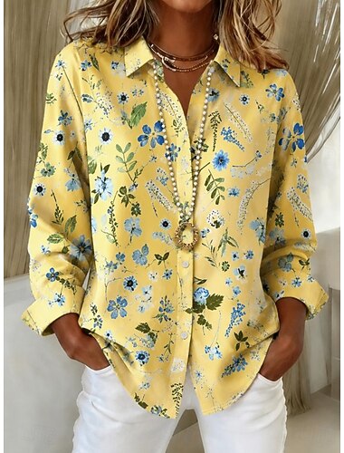  Dames Overhemd Blouse Lapwerk Knop Afdrukken Bloemig Grafisch Vintage Stijlvol Casual Lange mouw Overhemdkraag Lange tops Casual Dagelijks blauw Geel Fuchsia Groen Zomer Lente Herfst