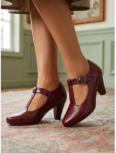  Scarpe Mary Jane da donna color bordeaux - décolleté con tacco a cono e cinturino a T in pelle rosso vino per swing dance, feste a tema retrò, appuntamenti eleganti