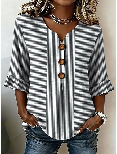 Per donna Camicia Patchwork Bottoni Stampato Grafico A righe Vintage Elegante Manica 3/4 Scollo a V Top lunghi Casuale Quotidiano Ferie Viola Marrone Grigio Estate Primavera