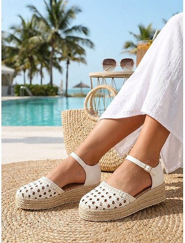  Espadrille-Sandalen für Damen – weiße, durchbrochene, gewebte Plateau-Sandalen mit Knöchelriemen für Inselurlaub und Resorturlaub