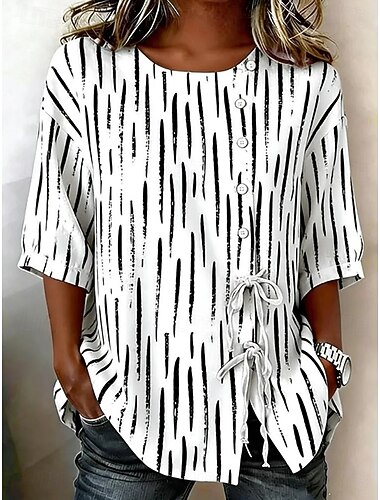  Mulheres Camisa Social camisa Boho Camisa casual Com Cordão Âmbar Gráfico Geométrica Elegante Boêmia Ativo Meia Manga Gola Redonda Tops regulares Casual Diário Trabalho Branco Branco + Pink Bege Azul