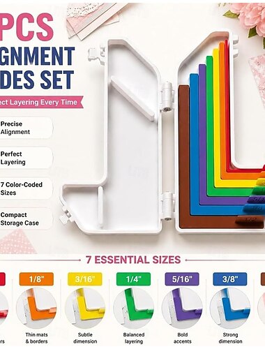  Set di 7 guide di allineamento per una perfetta stratificazione, strumento di cartoncino per la creazione di biglietti con codice colore (da 1/16" a 1/2"), righello di precisione per lavori di carta e