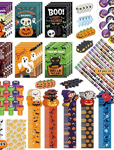  Halloween-festgave for barn, 168 deler 24-pakning Halloween-skrivesaker med godbitposer, Halloween-bulkleke til klassen, skumle Halloween-temafestgaver med premier