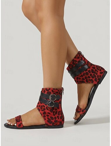  Rode festivalsandalen voor dames met luipaardprint - platte boho rock sandalen met open teen en enkelbandje en dubbele gesp voor Coachella rave &buitenfeest