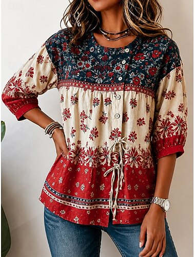  Dame Bluse Snorer Knapper Blomstret Grafisk Elegant Bohem Årgang 3/4 ermer Crew-hals Lange topper Avslappet Blå Rosa Rød Sommer Vår Høst