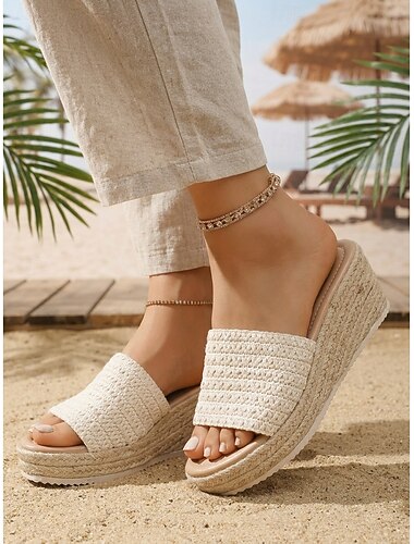  Damen Strand Urlaub Keilabsatz Runde Zehe Bohemien Urlaub Leinen Loafer Beige