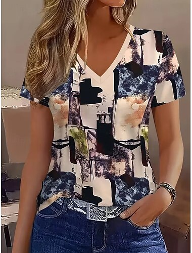  Dames T-shirt Afdrukken Grafisch Geometrisch Gestreept Stijlvol Casual Korte mouw V-hals Normale tops Casual Dagelijks Khaki Zwart 1 # Zwart Zomer Lente Herfst Winter