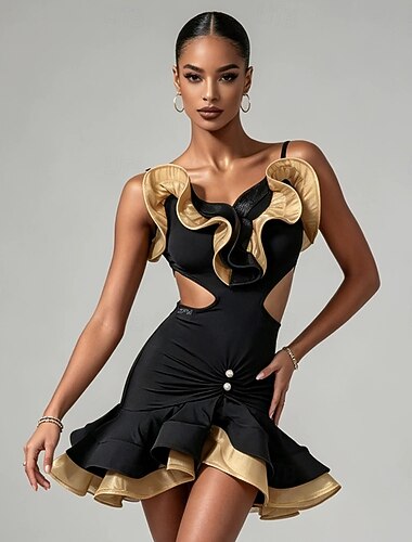  Robe de danse latine pour femme, à volants et découpes, idéale pour les compétitions de cha-cha-samba, rumba et salsa, sans manches.