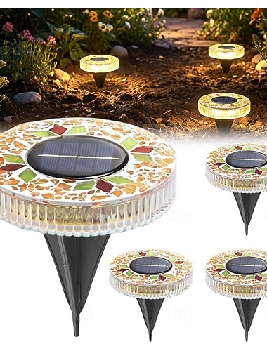  4 luci solari da esterno a mosaico, luci solari a disco a mosaico, luci solari da esterno impermeabili a mosaico, per vialetti, passerelle, patii, cortili e passi carrai.