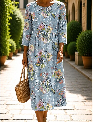  Per donna Abito Midi Vestito Casual Abito Estivo Vacanza Casual Spiaggia Spiaggia Ferie Vestibilità regolare Grafico Geometrico Astratto Manica 3/4 Girocollo Blu Rosso Cachi Estate Primavera