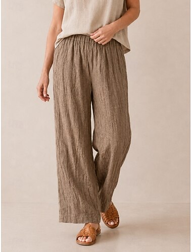  damebukser i lin med vide ben, medium midje, full lengde, lomme, elastisk linning, vintage, resort, pustende