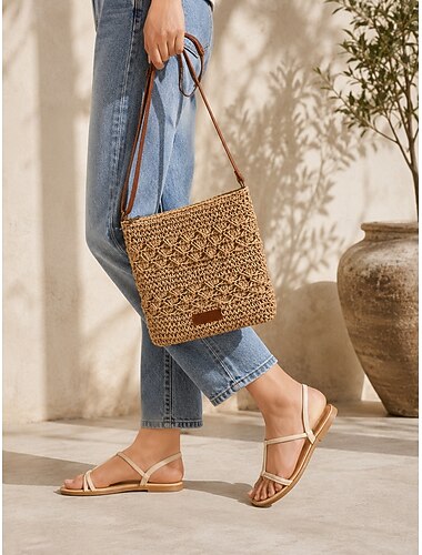  Dámská slaměná crossbody kabelka, tkaná letní plážová kabelka v boho stylu s nastavitelným popruhem, lehká cestovní taška přes rameno