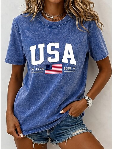 アメリカ独立記念日 女性用 コットン100％ Tシャツ ヴィンテージウォッシュトップス プリント グラフィック フラッグ スタイリッシュ ベーシック カジュアル 半袖 クルーネック ロングトップス カジュアル 日常 ブルー ブラック ピンク ライトパープル グリーン 夏 春