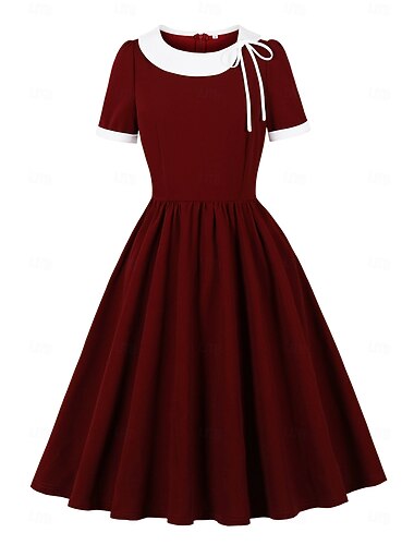  1950s Retro Antiguo Rockabilly Mediodía Vestido Midi Vestidos Mangas cortas Color sólido Ajustado / Acampanado Escote Redondo Disfraz Mujer Festival de Música Renacimiento Fiesta de Té Adulto Vestido