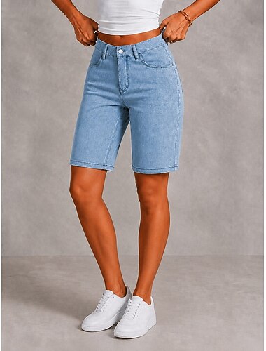  Mujer Vaqueros Pantalón corto Pantalones cortos Burmuda Moda Longitud de la rodilla Alta cintura Clásico Comodidad Vacaciones Formal Azul Claro Gris Verano Primavera Ajuste regular