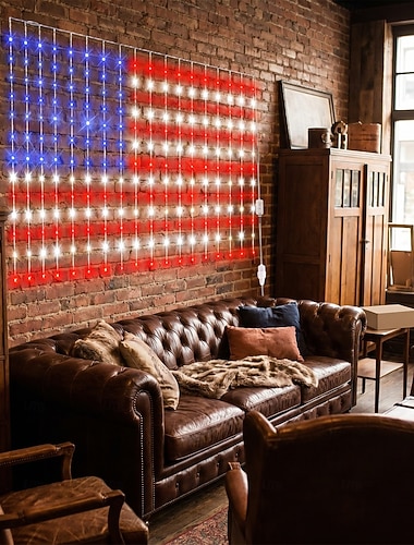  Luci a tenda con bandiera americana per il 250° anniversario degli Stati Uniti, 1,8 m 128 LED rossi, bianchi e blu, luci patriottiche USB per finestre per il 4 luglio, il giorno dell'indipendenza, il