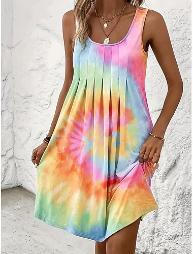  Damen Minikleid A Linie Kleid Urlaub Lässig Strand Normale Passform Grafik Batik Abstrakt Ärmellos U-Ausschnitt Gelb Rosa Purpur Grün Sommer Frühling