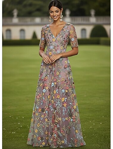  Ligne A Robe Longueur au sol Robe de Soirée Robe de Cocktail Robe de Mère de Mariée  Demi Manches Col plongeant Élégant ancien Luxueux Formel robe demoiselle d honneur Kentucky Derby Tulle avec