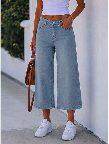  Damen Jeans Jeansstoff Caprihose Weites Bein Mode Capris Hohe Taille Bequem Schwarz Hellblau Grau Sommer Frühling