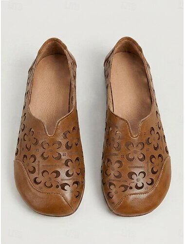  Ballerines marron foncé pour femme, bout large, à découpes florales – chaussures de marche respirantes et faciles à enfiler, avec tige en similicuir souple, semelle légère et flexible et coupe