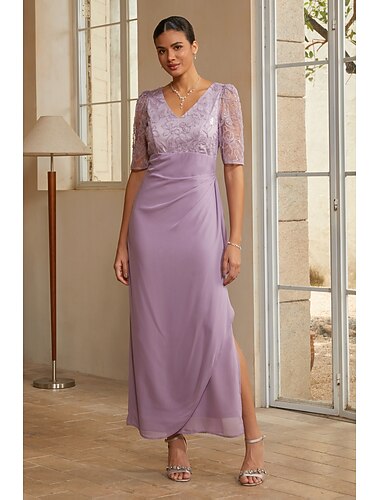  Femmes Fourreau Colonne Robe de Cocktail Robe d'invité de mariage Longueur cheville Col en V Demi Manches Manche illusion Taille empire Élégant La mère de la mariée Semi-Formel avec Chiffon Maille