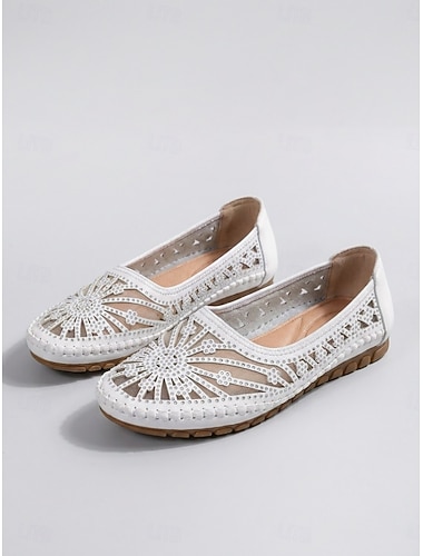  Zapatos blancos transpirables sin cordones para mujer: bailarinas cómodas con diseño calado, plantilla acolchada suave, suela ligera y flexible y diseño antideslizante para caminar, viajar y uso