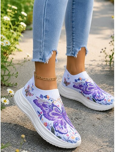  Lila Damen-Sneaker zum Hineinschlüpfen mit leuchtendem Schmetterlingsmuster – leichte Plateau-Sportschuhe mit Strassverzierungen &Atmungsaktives Strickmaterial, bequeme Laufschuhe für leichte