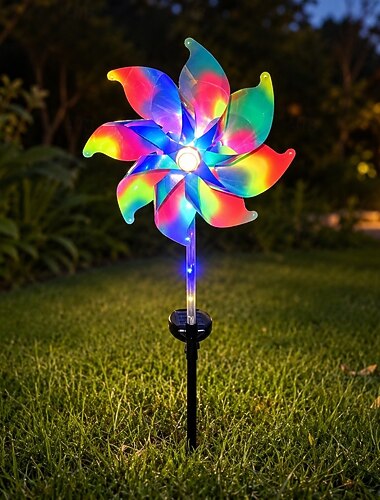  1 unidad de molinillo de viento solar con luz para patio y jardín, escultura de viento con aspas cinéticas de 4 niveles y luz LED, decoración exterior giratoria de 360° para patio y césped.