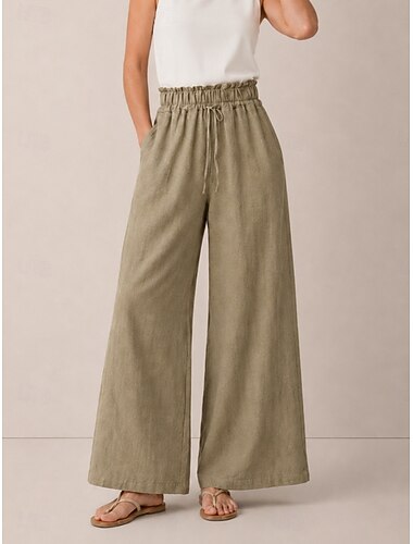  Calça feminina de linho orgânico com cintura ajustável e pernas largas.