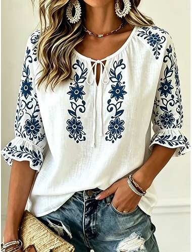  Per donna Blusa Coulisse Nodo frontale Stampato Floreale Grafico Vintage Quotidiano Elegante Mezza Manica Girocollo Top Regolari Casuale Quotidiano Bianco Estate Primavera