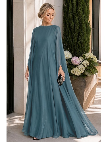  Skødefoldet Aftenkjole Empire Kjole Formelle Aftenkjole Sweep  Brush Train Lange Ærmer Bådhals Efterår Bryllupsgæst Chiffon med Plisseringer kjole til at imponere