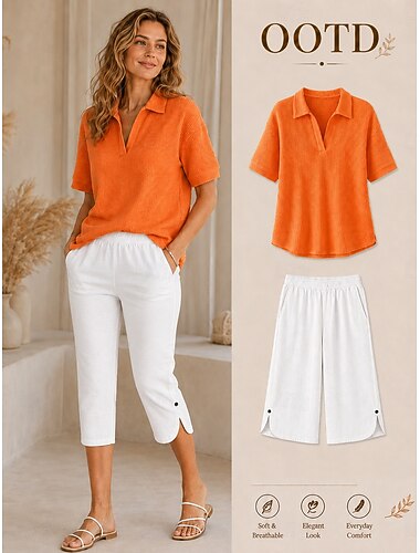  Damskie Podkoszulek Koszulki polo Koszulki Swetry w wafelkowatej dzianinie Równina Moda Elegancki Podstawowy Krótki rękaw Kołnierzyk koszuli Zwykłe topy Codzienny Wyjściowe Weekend Niebieski Biały