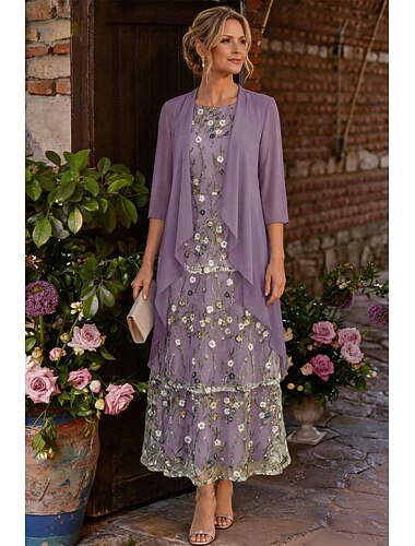  Todelt A-linje Ankellengde Kjole til brudens mor 3/4 ermer Crew-hals Elegant Enkel Luksuriøs Formell Bryllupsgjest Chiffon Blonder Jakke kjoler med Drapert Niveauer Broderi