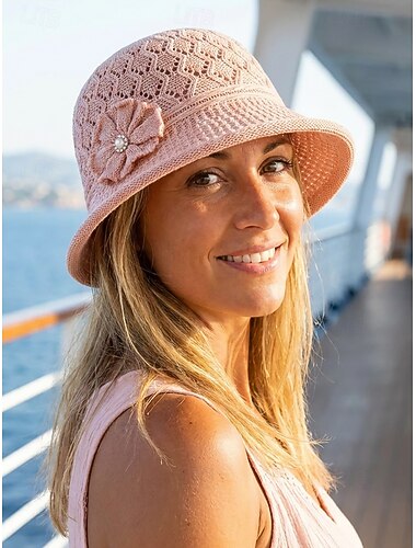  Opvouwbare gehaakte zonnehoed voor dames met bloemaccent, lichtgewicht gebreide zomerhoed met brede rand van polyester, opvouwbare bucket hat met UV-bescherming voor op reis, tuinfeesten en