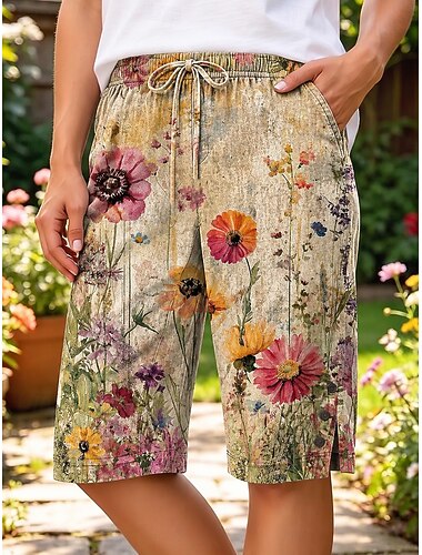  Mujer Pantalones cortos casuales Vacaciones Vintage Étnico Longitud de la rodilla Media cintura Floral Graphic Estampado Comodidad Rígido Diario Exterior Vacaciones Amarillo Rosa Verano Primavera