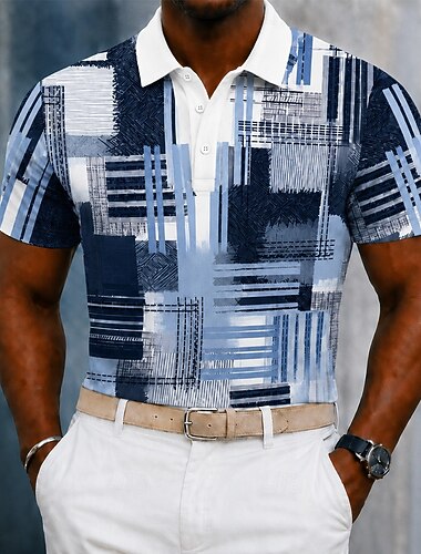  Homens Bloco de cor Geométrico Camisas Polo Manga Curta Camisas polo Lapela Business casual O negócio Roupa Esportiva Impressão 3D Botões Verão Primavera Azul Roxo Verde