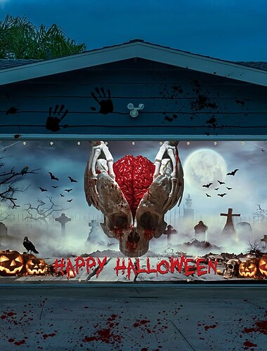  squelette sanglant d'Halloween &Bannière de porte de garage avec motif de crâne effrayant, housse de porte de garage imperméable, décoration murale extérieure pour les fêtes. & faire la fête
