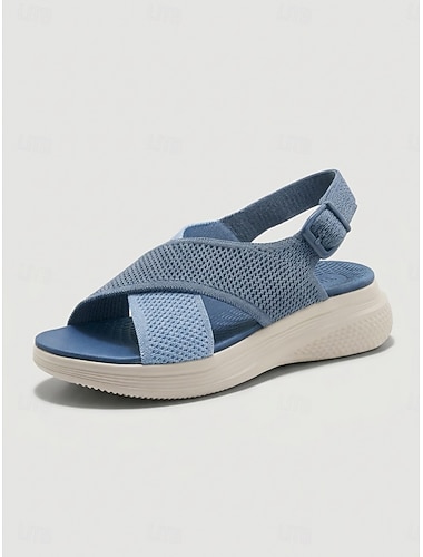  Svarta andningsbara stickade komfortsandaler med stöd för hålfoten för kvinnor – justerbara slingback-vandrare med vadderad fotbädd, lätta sommarskor för komfort hela dagen, semester och vardagsbruk