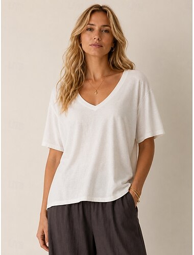  Camiseta feminina com decote em U, em algodão lyocell e cânhamo.