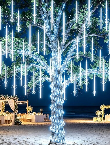  Lumières solaires effet pluie d'étoiles filantes, gouttes de neige et stalactites de pluie scintillantes pour mariages, fêtes et Noël en extérieur, éclat coloré