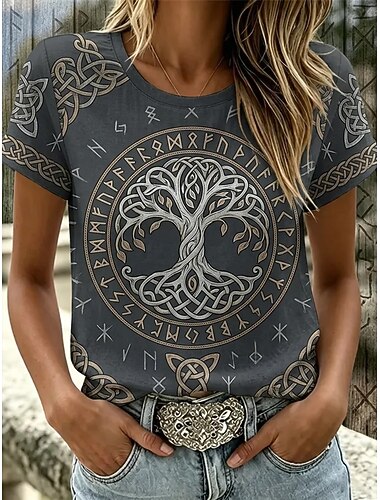  Damen T Shirt Druck Grafik Paisley-Muster Buchstabe Vintage Stilvoll Lässig Kurzarm Rundhalsausschnitt Normale Oberteile Lässig Täglich Wochenende Hell Beige Braun Dunkelgray Beige Sommer Frühling