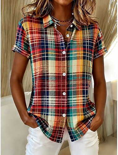  Mulheres Camisa Social Botões Imprimir Gráfico Xadrez Listrado Vintage Diário à moda Manga Curta Colarinho de Camisa Tops longos Casual Diário Azul Rosa Laranja Verão Primavera