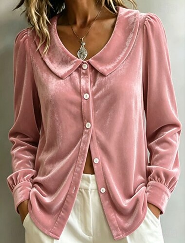  Dames Overhemd Fluweel Elegant Vakantie Vintage Lange mouw Peter Pan kraag Lange tops Casual Geel Blozend Roze Paars Zomer Lente Herfst