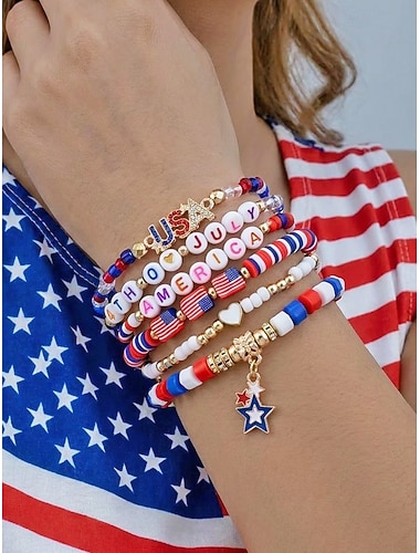  Patriottische gelaagde armbandenset voor dames, zachte klei, multi-stijl stapelbare kralenarmbanden, rood wit blauw 4 juli Amerika 250 feestelijke sieraden voor feest, parade en viering